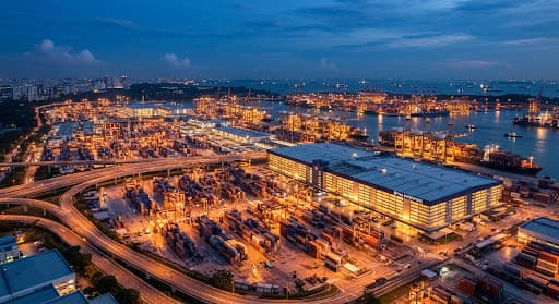 Aerial view of a container port used for worker deployment logistics